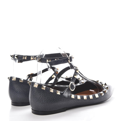 Valentino Garavani Pebbled Calfskin Rockstud Cage Ballerina Flats 37 Deep Denim 4 of 8
