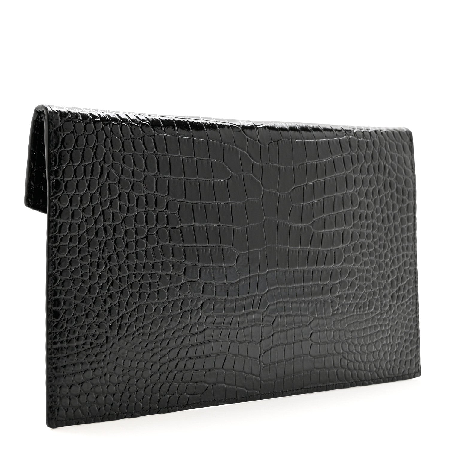 Saint Laurent Calfskin Crocodile Embossed Uptown Monogram Clutch Black 3 of 7