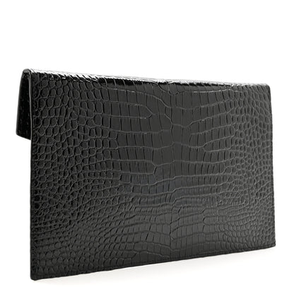 Saint Laurent Calfskin Crocodile Embossed Uptown Monogram Clutch Black 3 of 7
