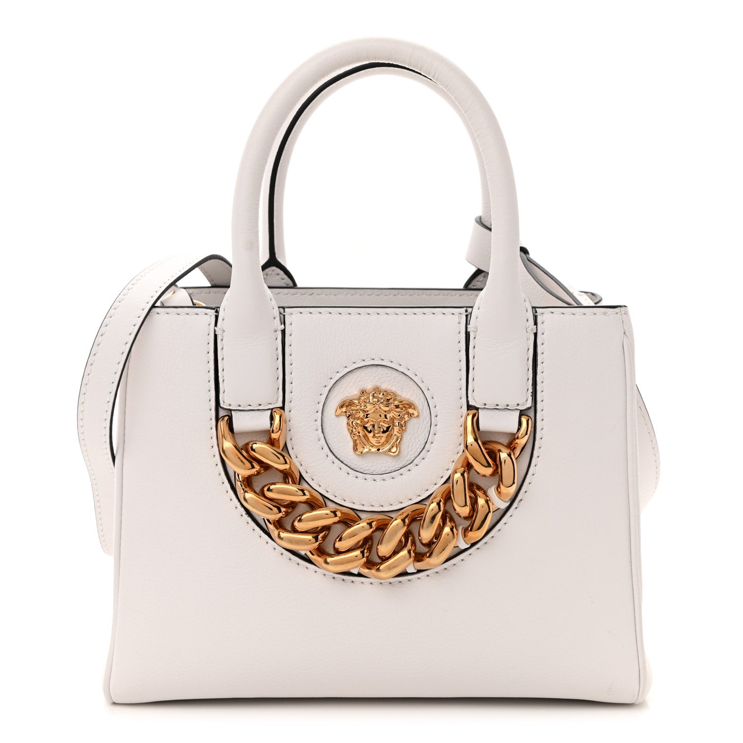 Grained Calfskin Small La Medusa Chain Tote White