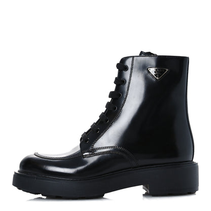 Prada Brushed Calfskin Triangle Combat Boots 39.5 Black 1 of 22