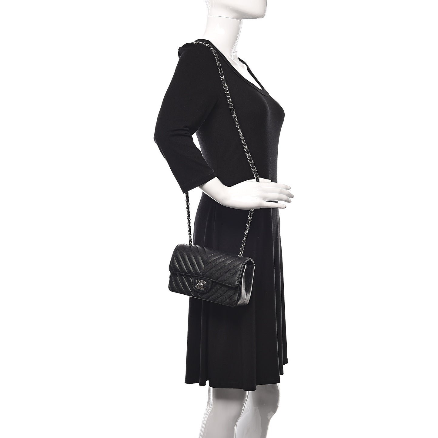 Caviar Chevron Quilted Mini Rectangular Flap Black