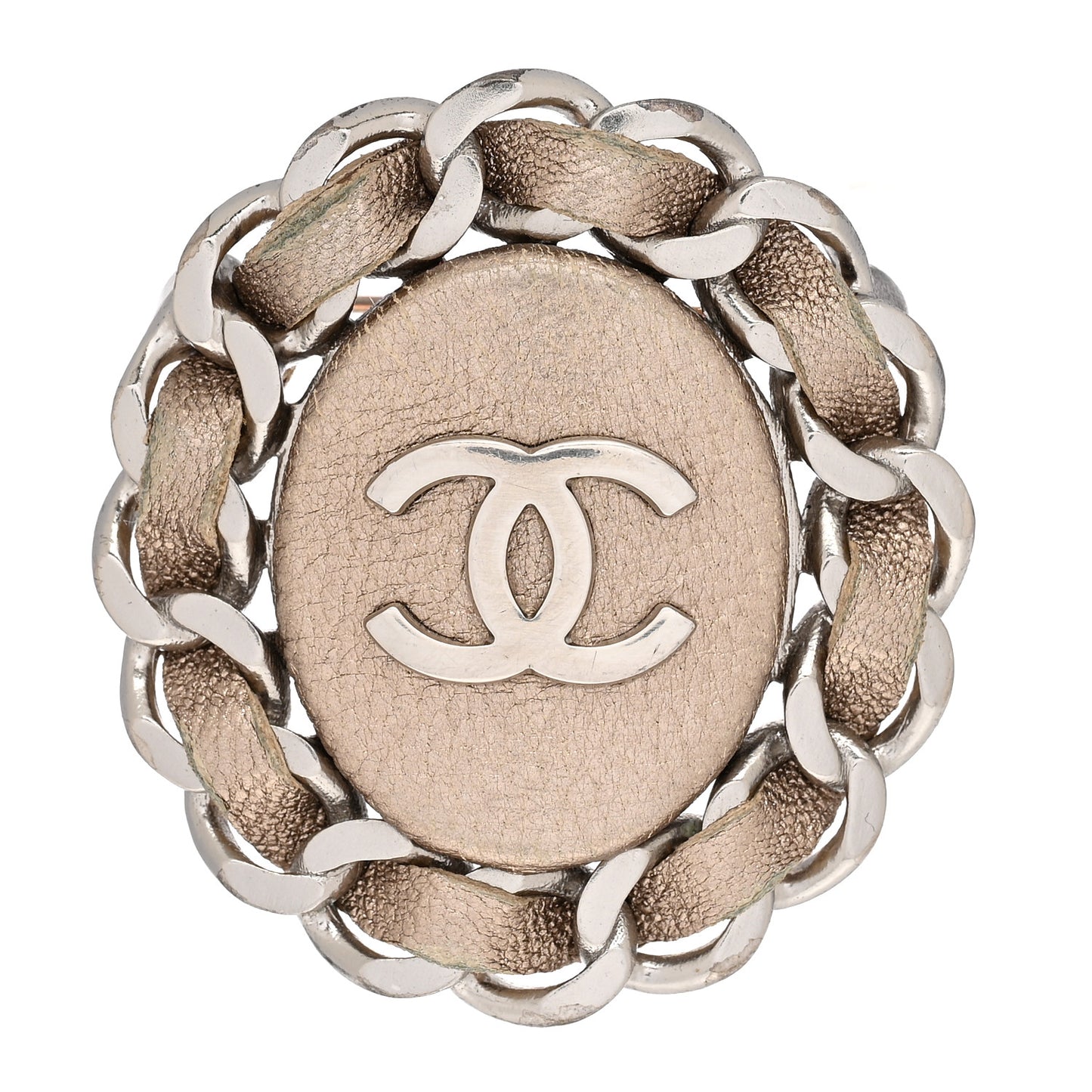 Metallic Lambskin Chain CC Brooch Beige