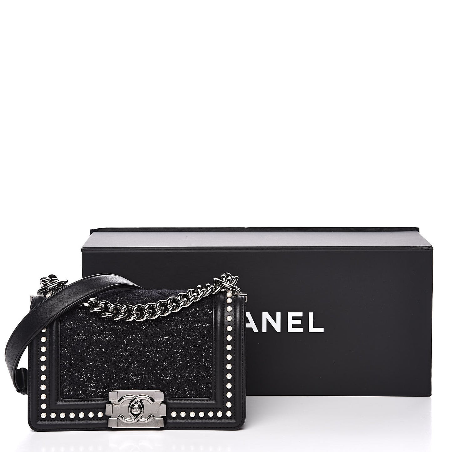 Calfskin Pearl Tweed Small Boy Flap Black