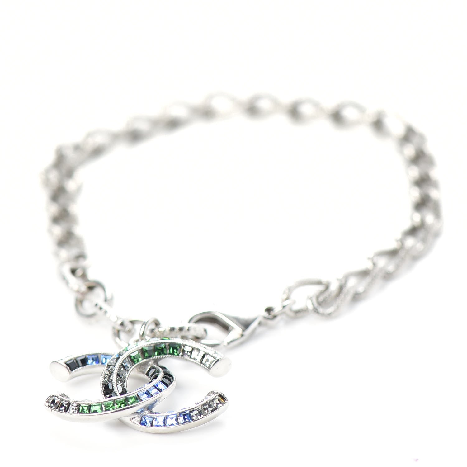 Chanel Baguette Crystal CC Bracelet Silver Green Blue 1 of 5