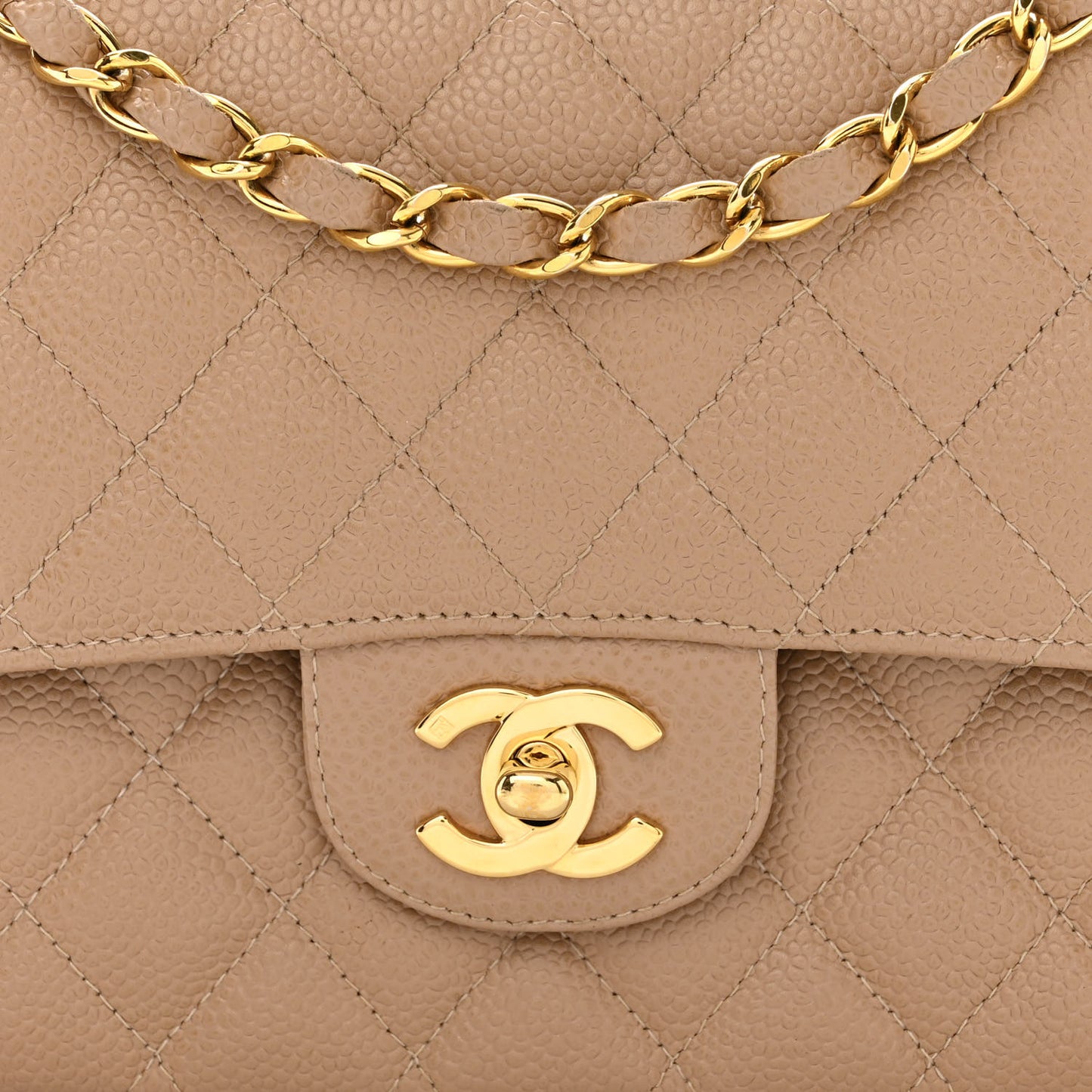 Caviar Quilted Medium Double Flap Beige