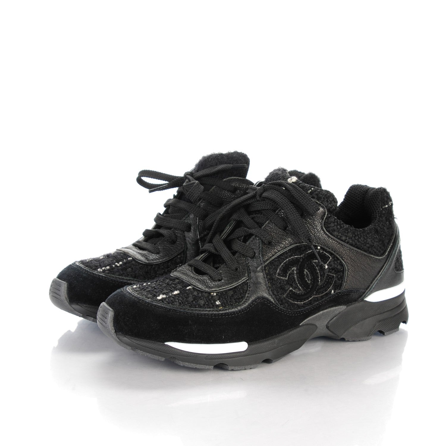 Chanel Suede Tweed Goatskin CC Sneakers 35 Black 3 of 7