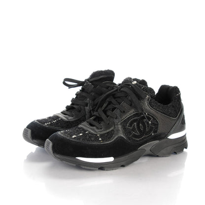 Chanel Suede Tweed Goatskin CC Sneakers 35 Black 3 of 7
