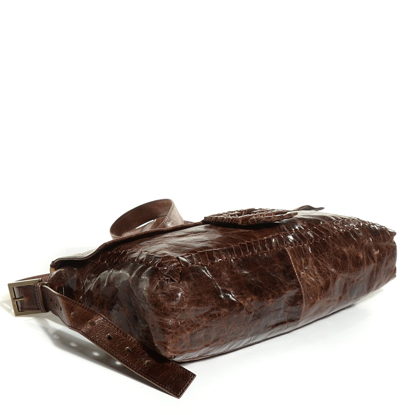 Glazed Calfskin Maxi Whipstitch Baguette Marrone