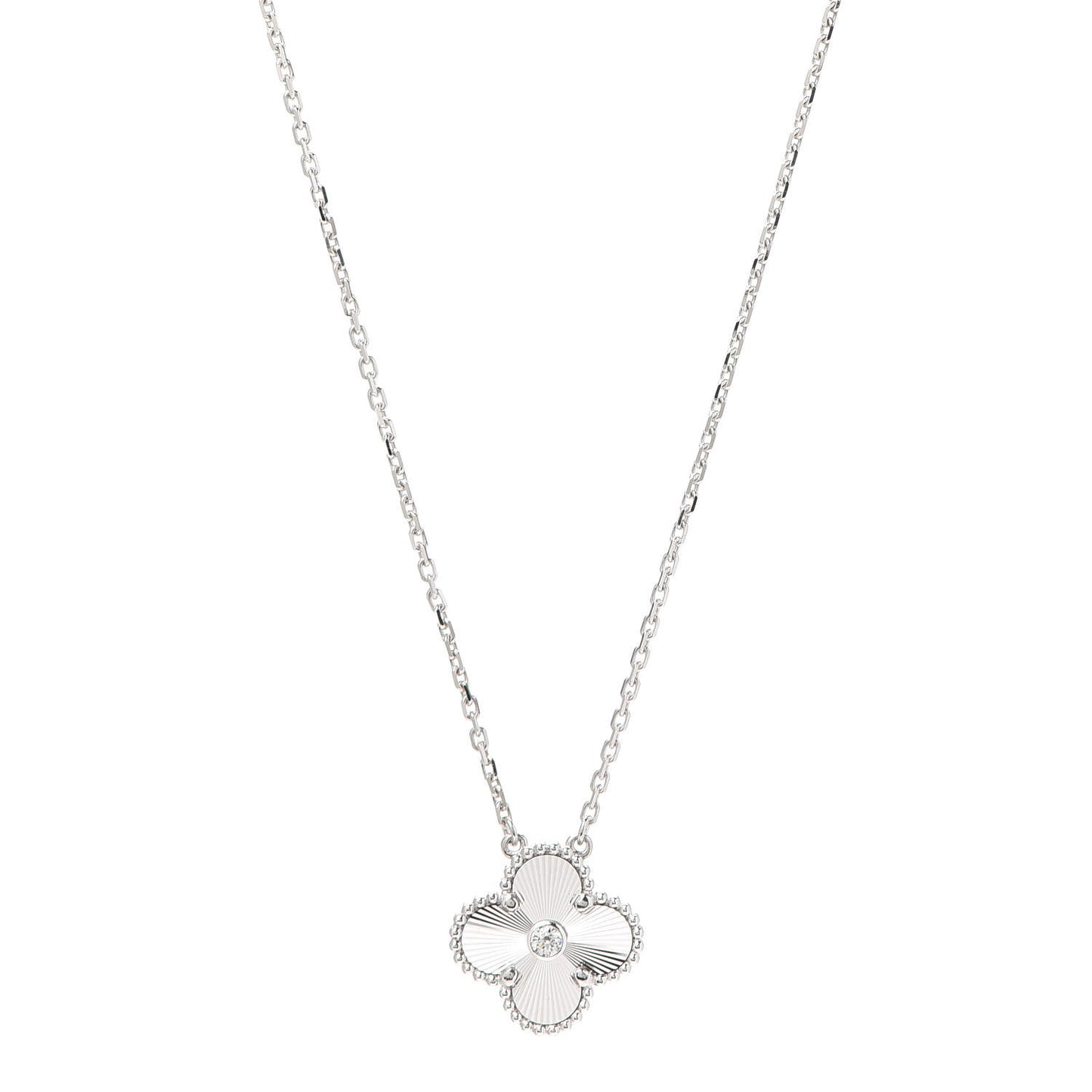 18K White Gold Diamond Guilloche Vintage Alhambra Pendant Necklace