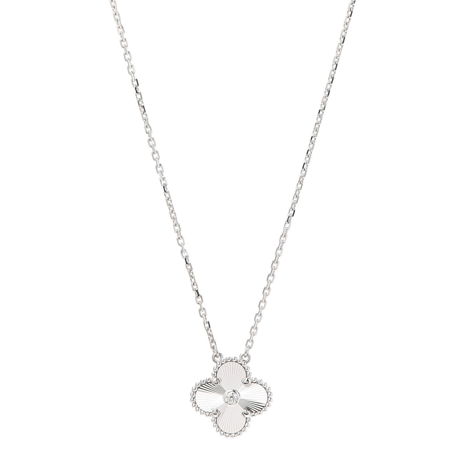 Van Cleef & Arpels 18K White Gold Diamond Guilloche Vintage Alhambra Pendant Necklace 1 of 8