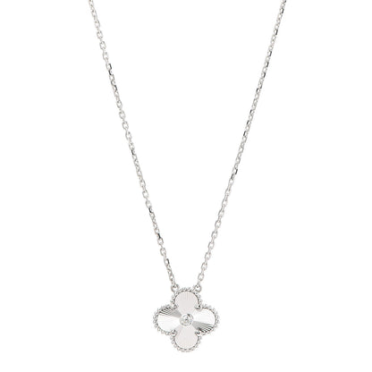 Van Cleef & Arpels 18K White Gold Diamond Guilloche Vintage Alhambra Pendant Necklace 1 of 8