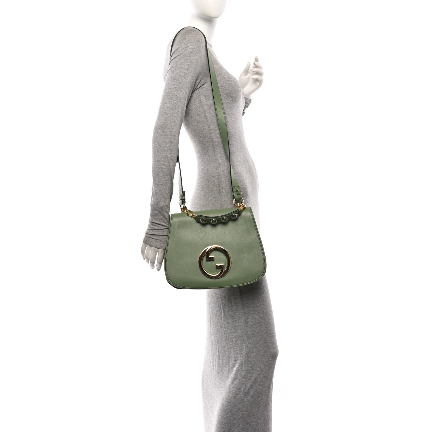 Gucci Roxy Calfskin Web Medium Blondie Top Handle Shoulder Flap Bag Salamander Green 2 of 10