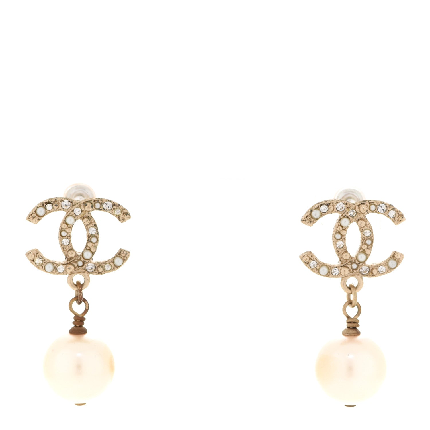 Chanel Crystal Pearl CC Drop Earrings Gold 1 of 6