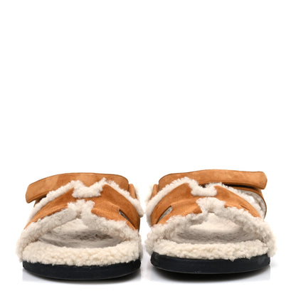Hermes Suede Goatskin Woolskin Womens Chypre Sandals 39.5 Brun Fume Ecru 3 of 10