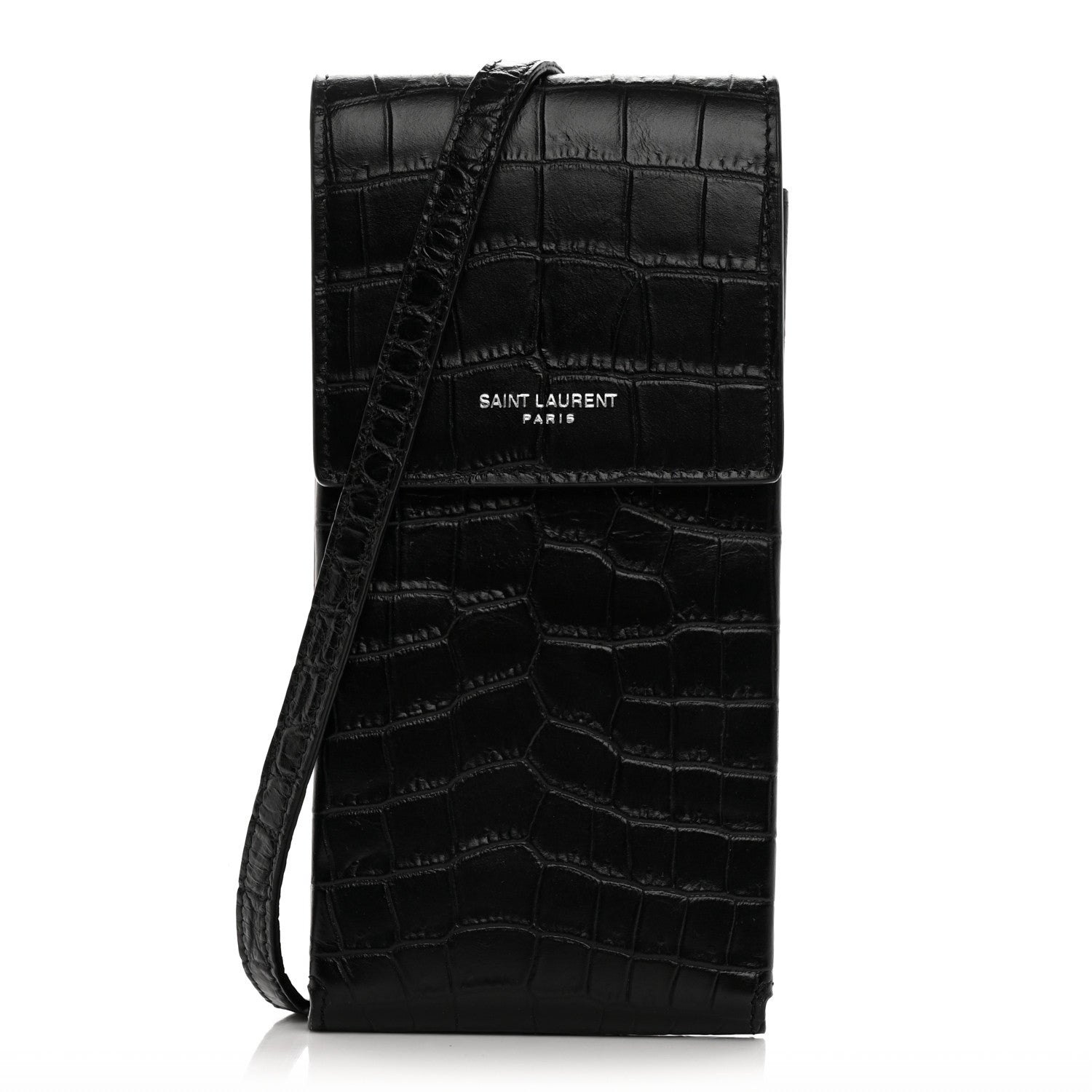 Saint Laurent Calfskin Crocodile Embossed Phone Holder Crossbody Black 1 of 13
