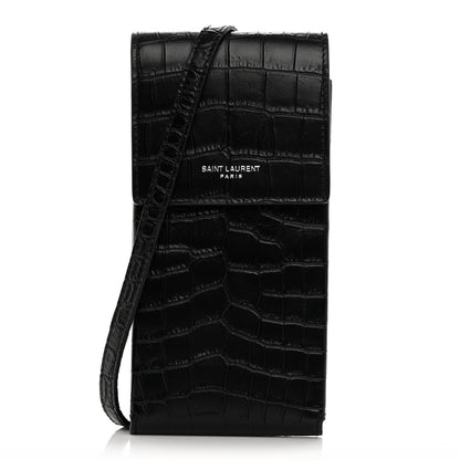 Saint Laurent Calfskin Crocodile Embossed Phone Holder Crossbody Black 1 of 13