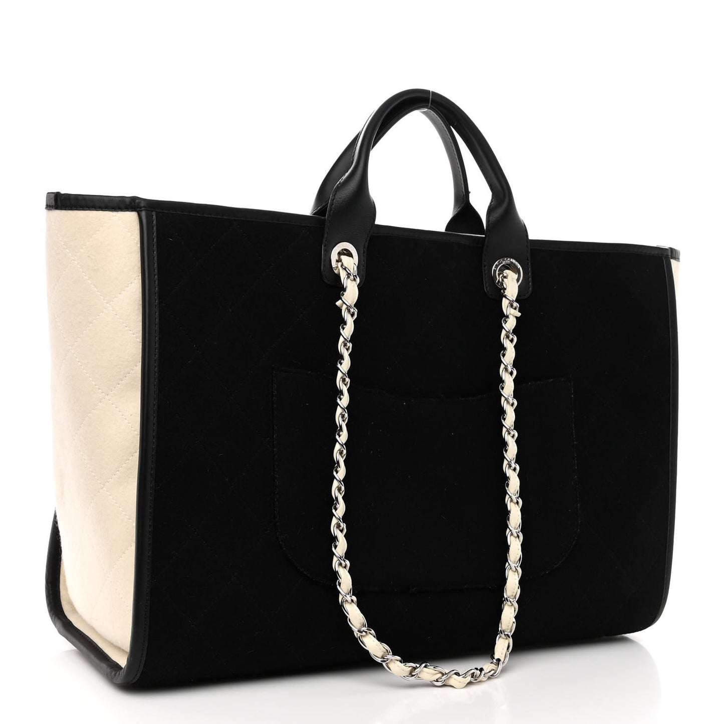 Wool Felt Calfskin Large Deauville Tote Black White