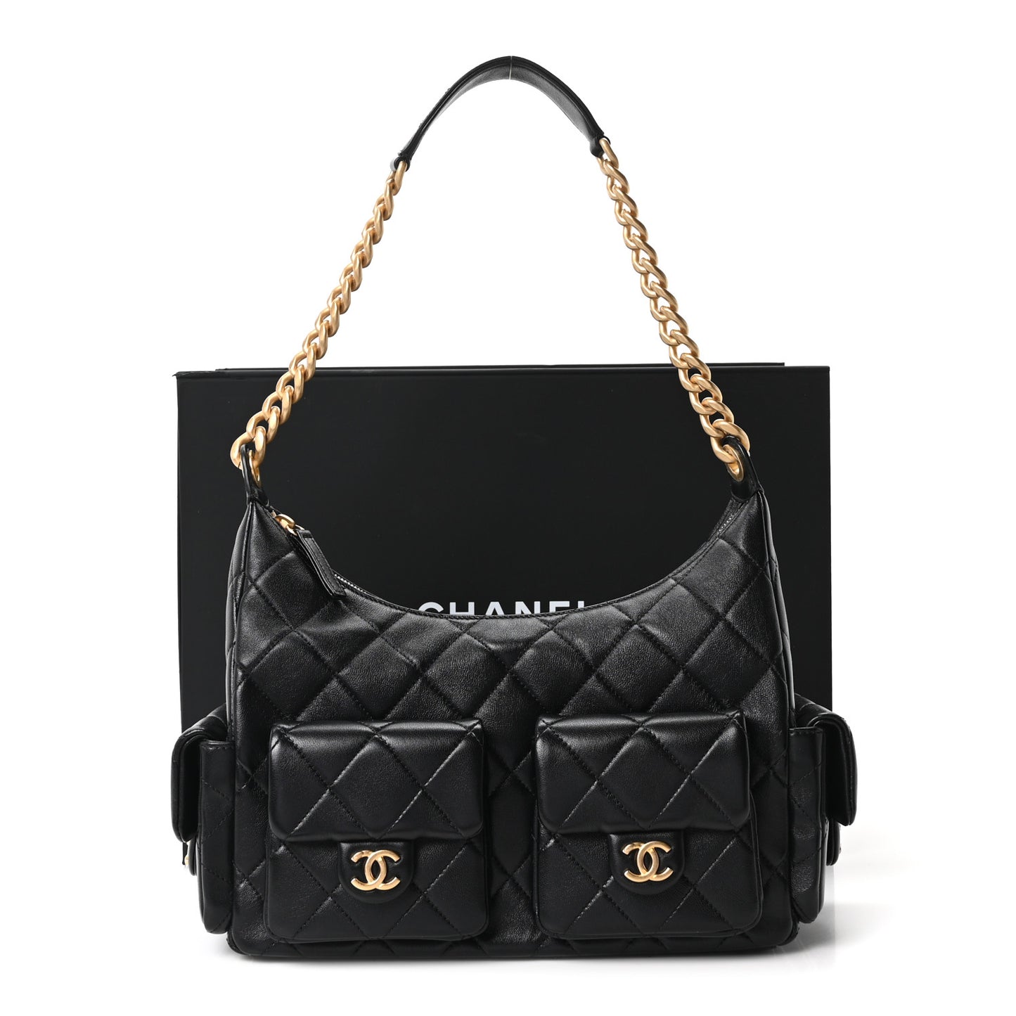 Shiny Lambskin Quilted Large Trendy Pockets Hobo Black