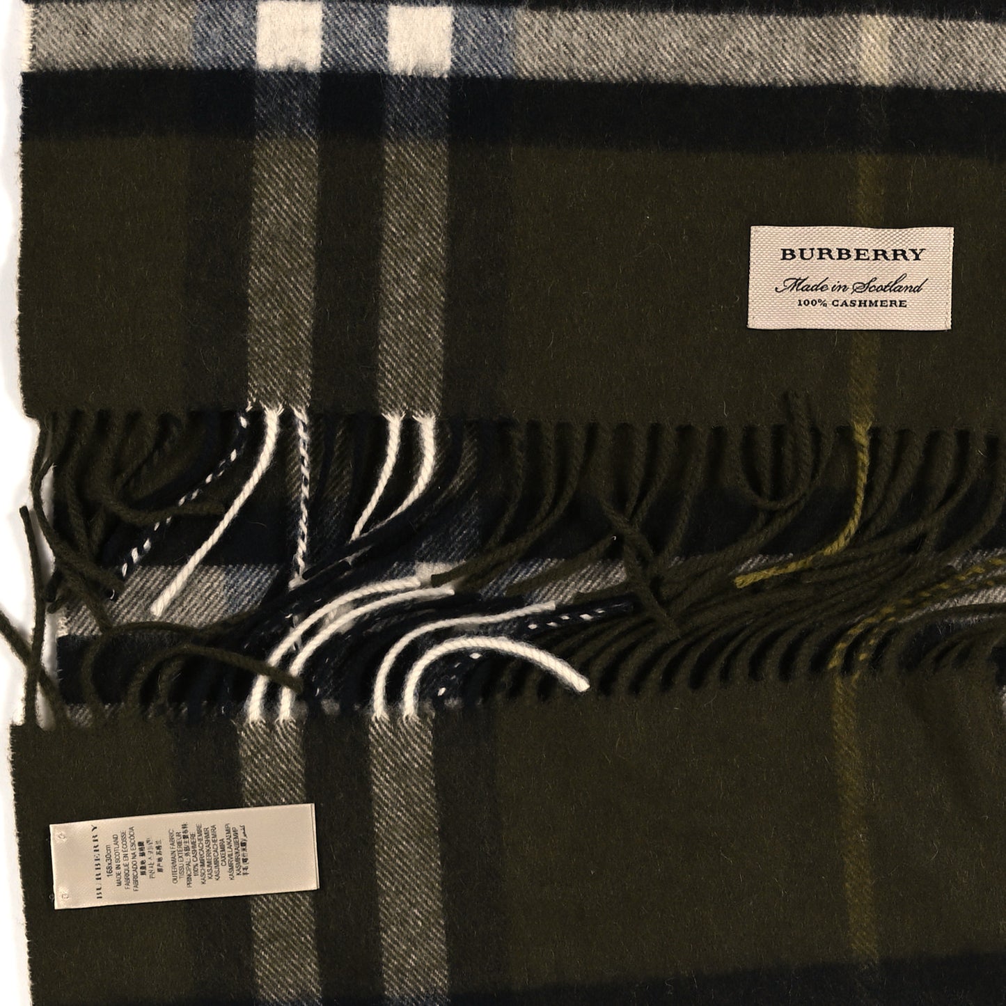 Cashmere Giant Check Fringe Scarf Olive Green