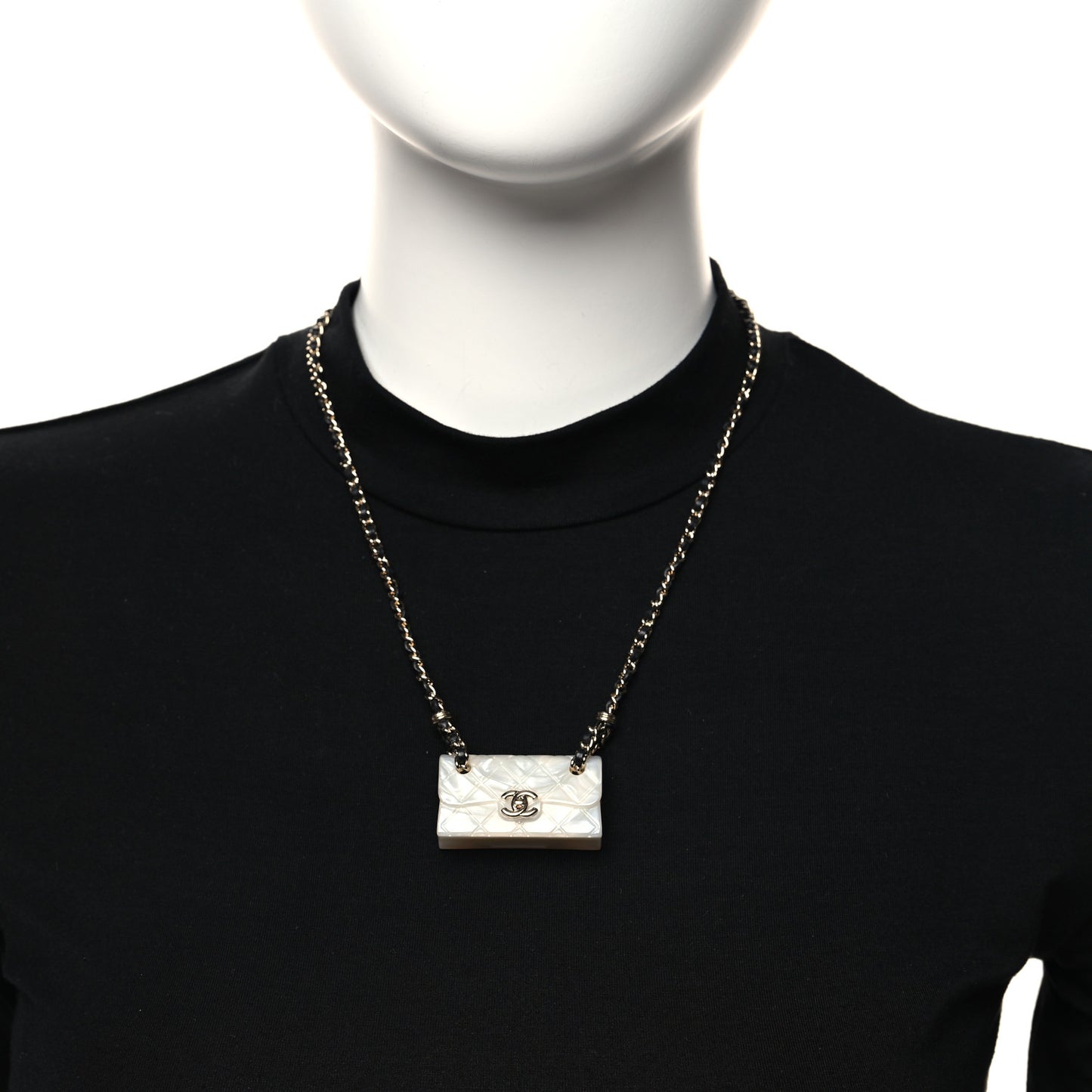 Lambskin Metal Resin Quilted Flap Bag Necklace Gold Black Pearly White