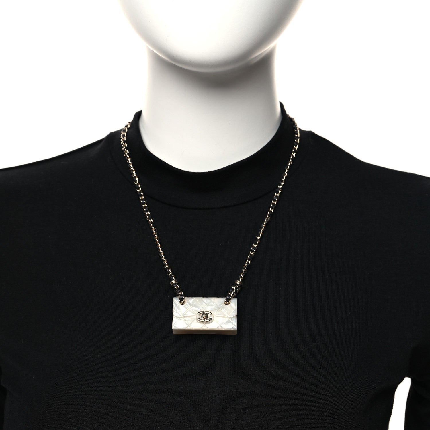 Chanel Lambskin Metal Resin Quilted Flap Bag Necklace Gold Black Pearly White 2 of 4