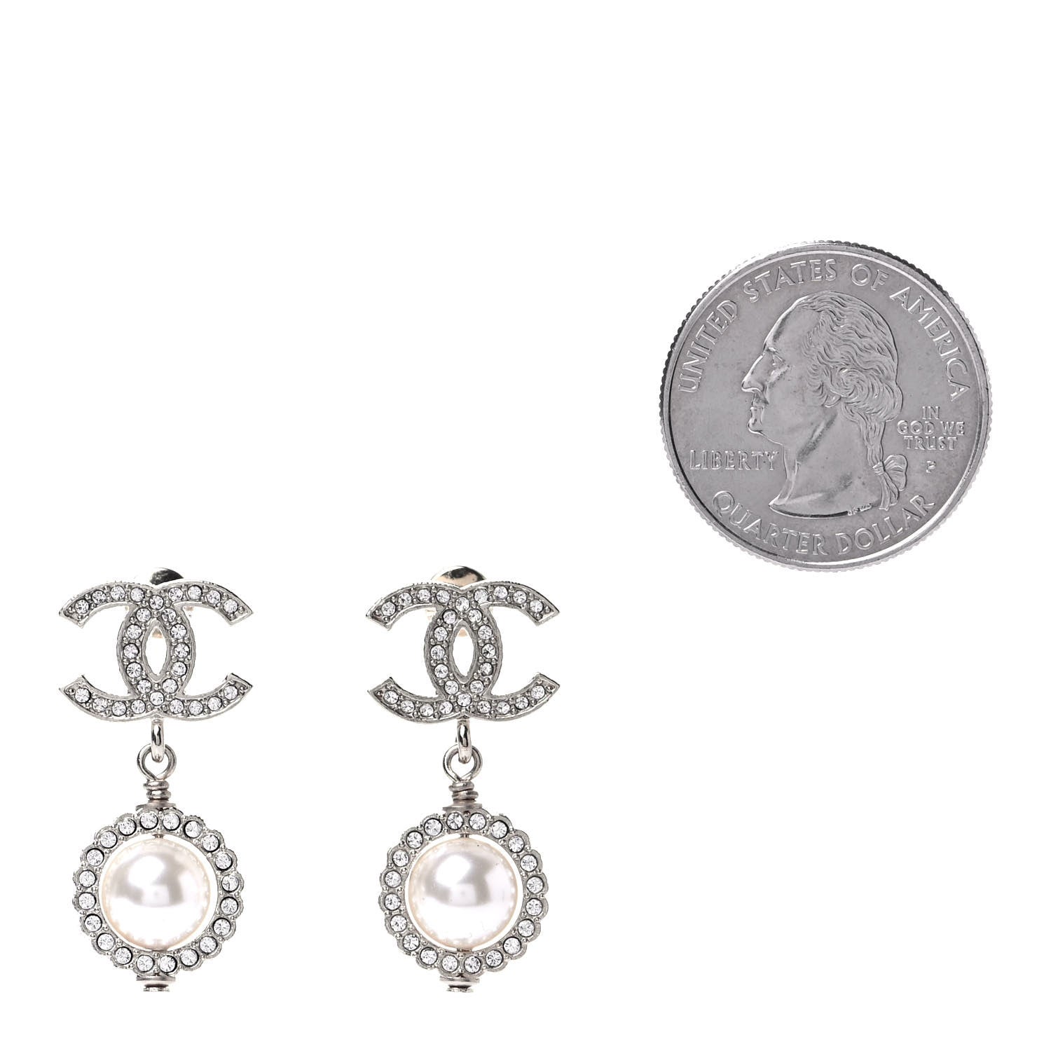 Chanel Crystal Pearl CC Drop Earrings Silver 2 of 4
