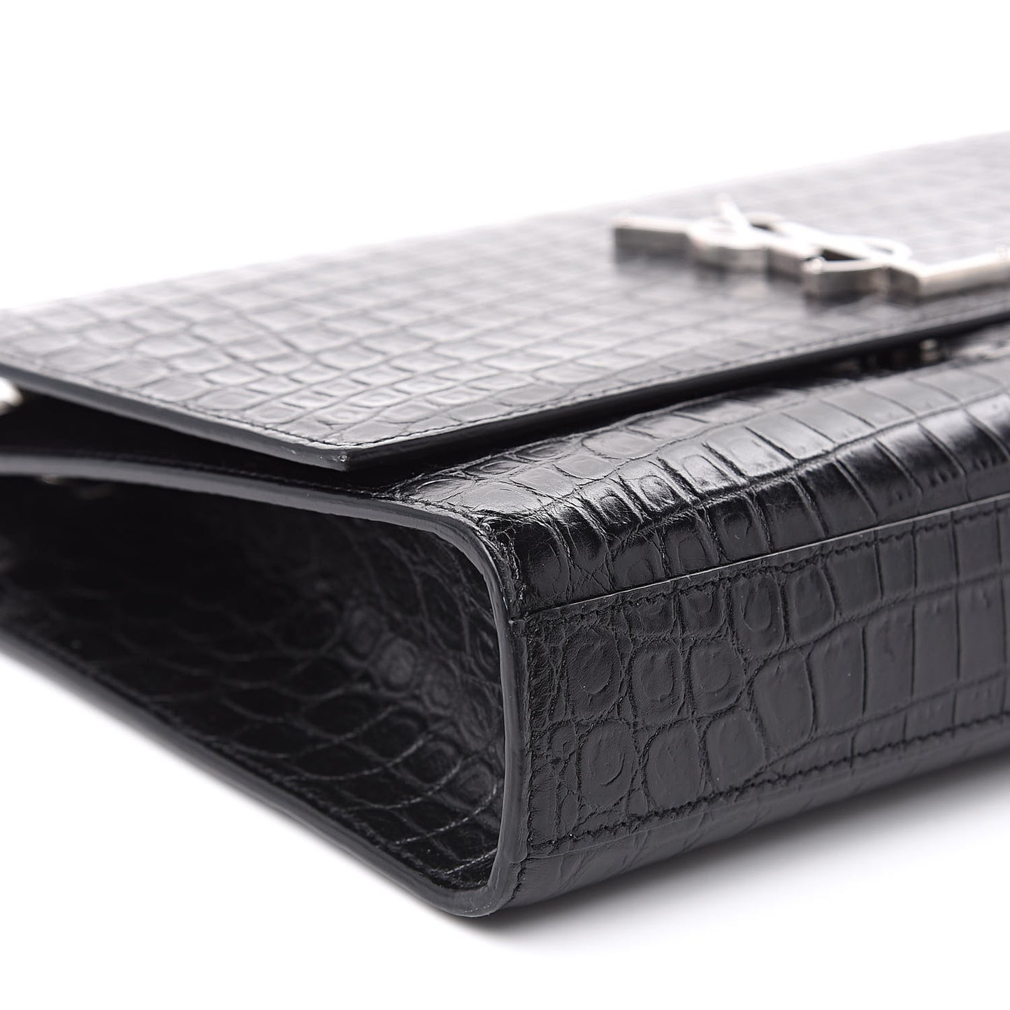 Calfskin Crocodile Embossed Large Classic Monogram Kate Satchel Black