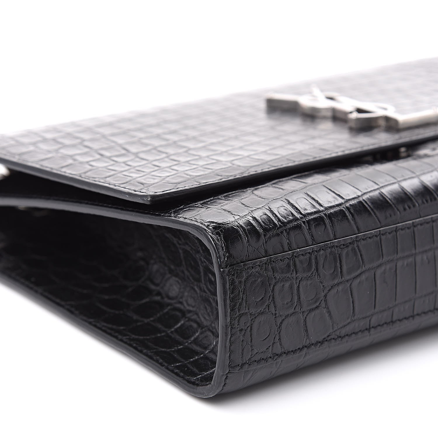 Saint Laurent Calfskin Crocodile Embossed Large Classic Monogram Kate Satchel Black 8 of 10
