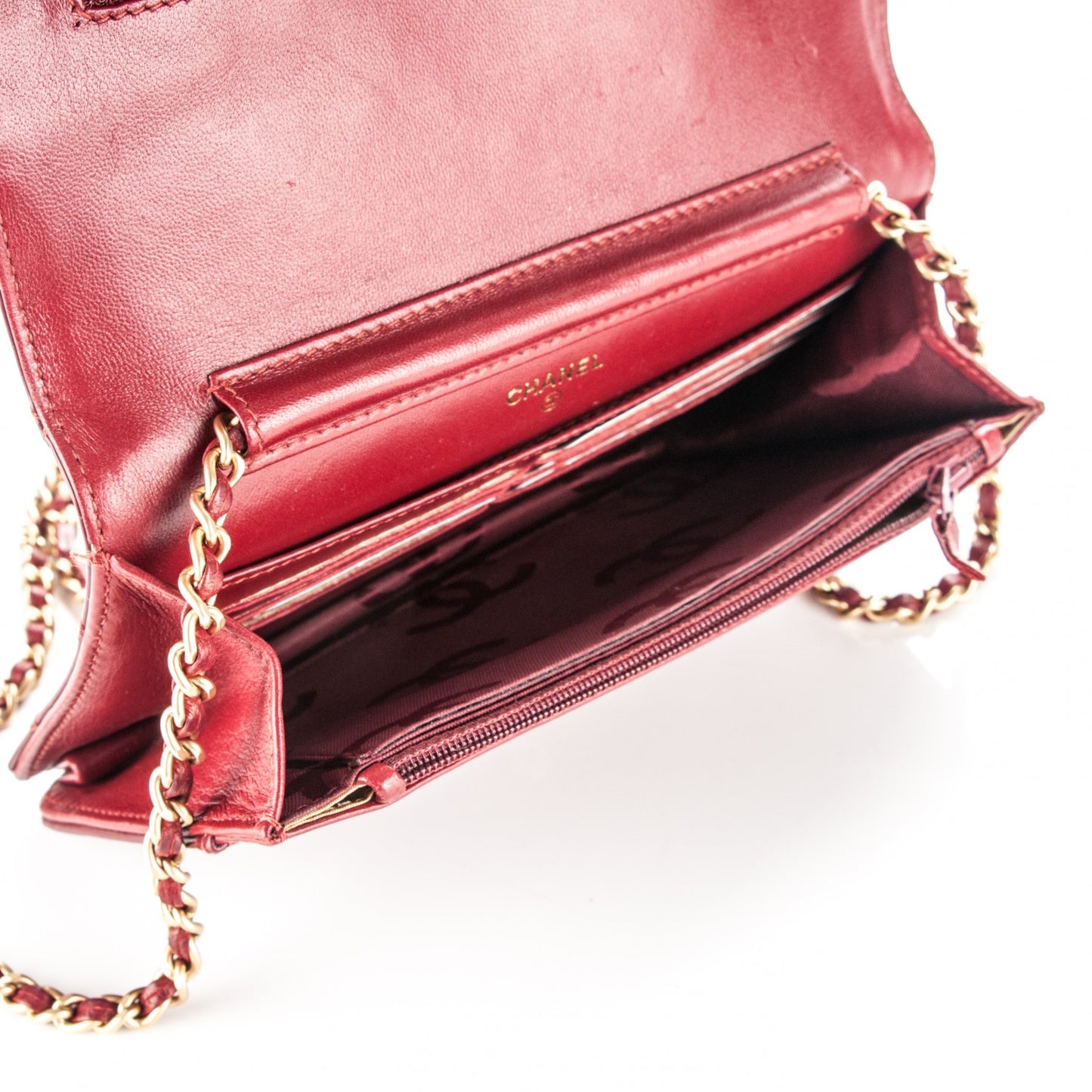 Glazed Calfskin Quilted Wallet On Chain WOC Dark Red