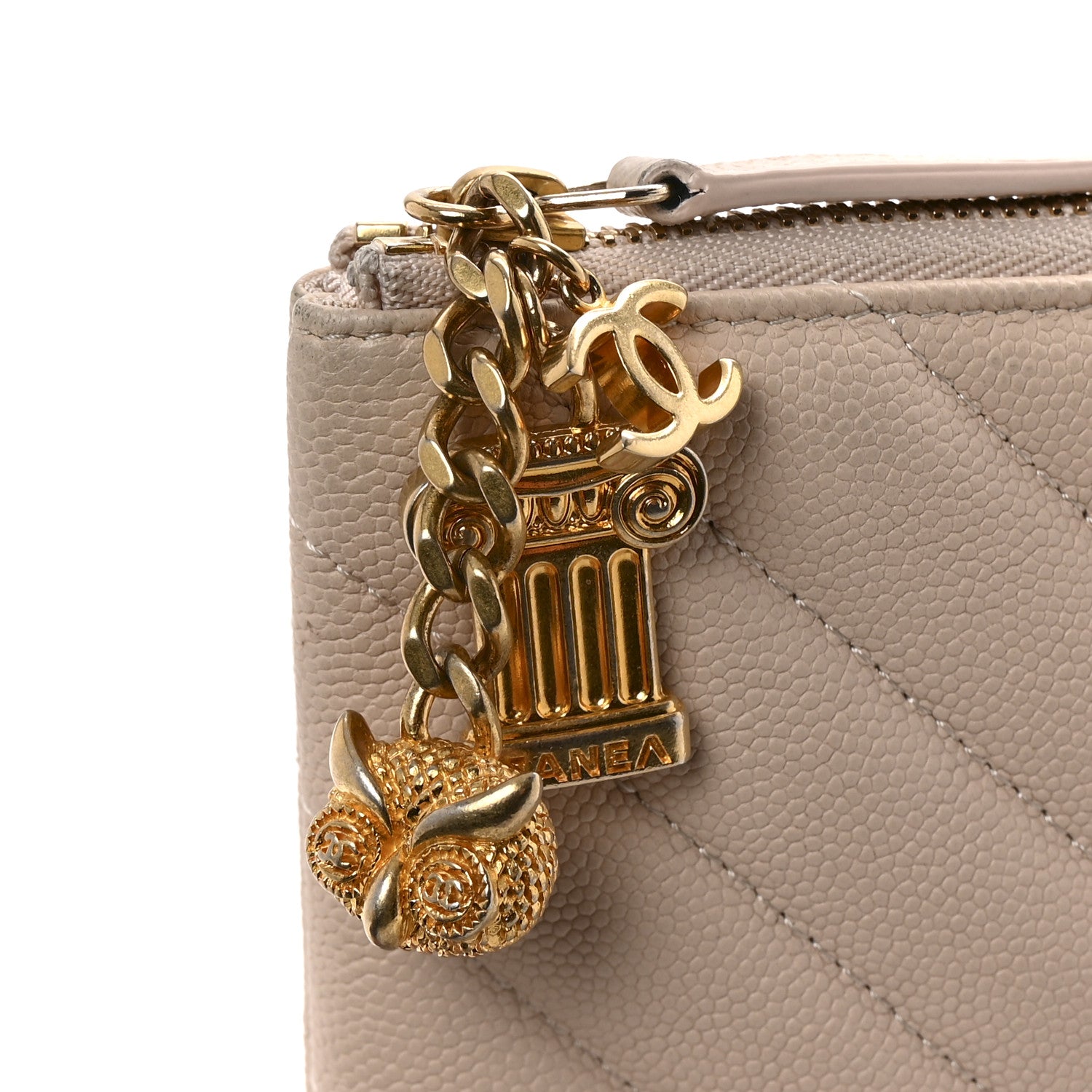 Chanel Caviar Chevron Quilted Medium Zip Pouch Light Beige 9 of 10