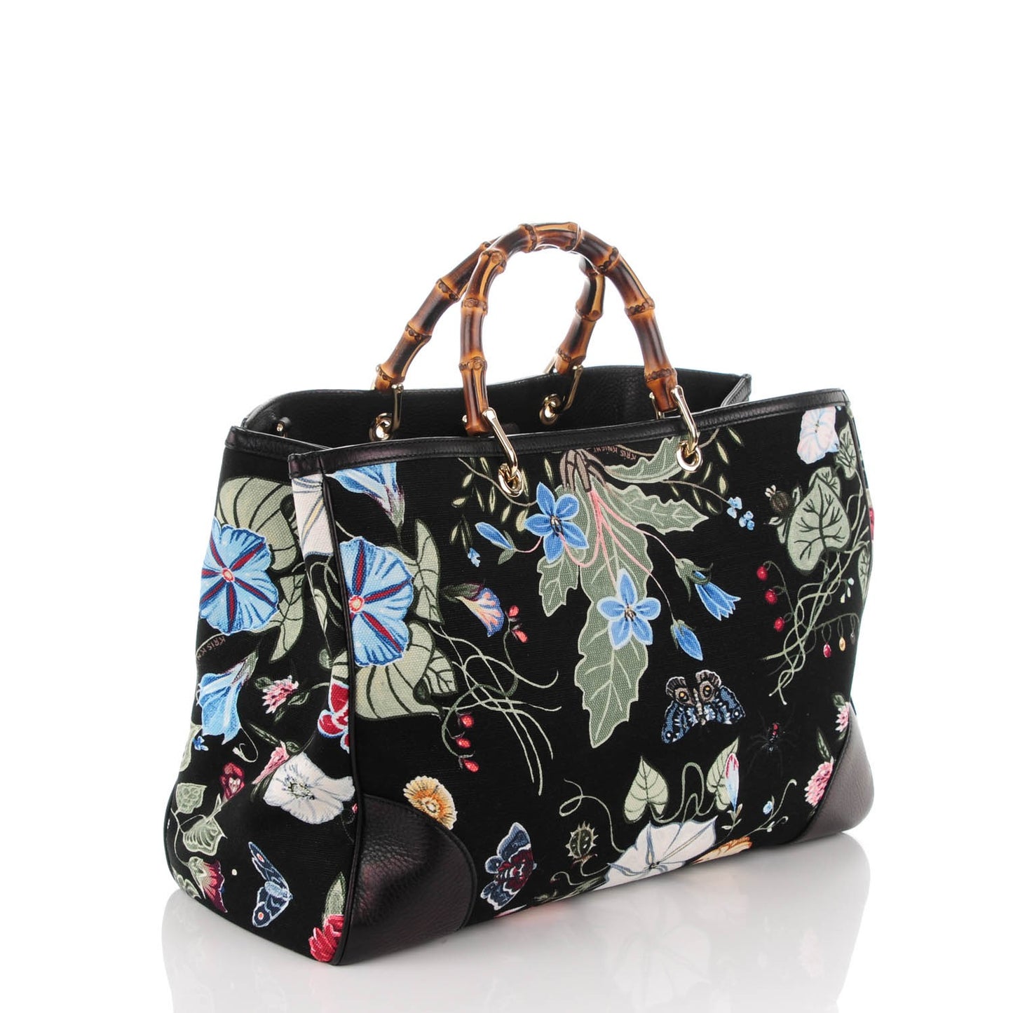 Canvas Cellarius Calfskin Flora Knight Large Bamboo Shopper Tote Black