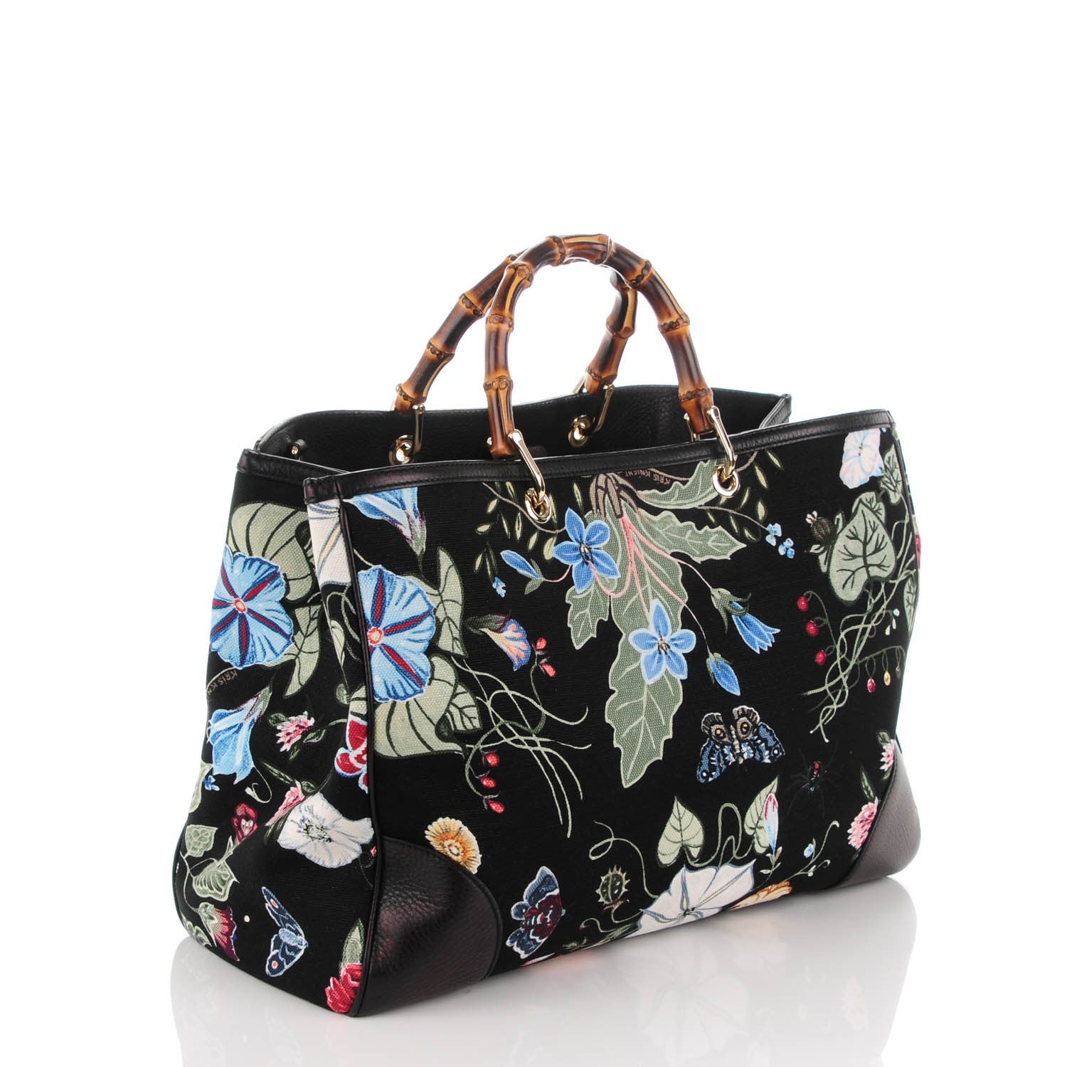 Gucci Canvas Cellarius Calfskin Flora Knight Large Bamboo Shopper Tote Black 3 of 7