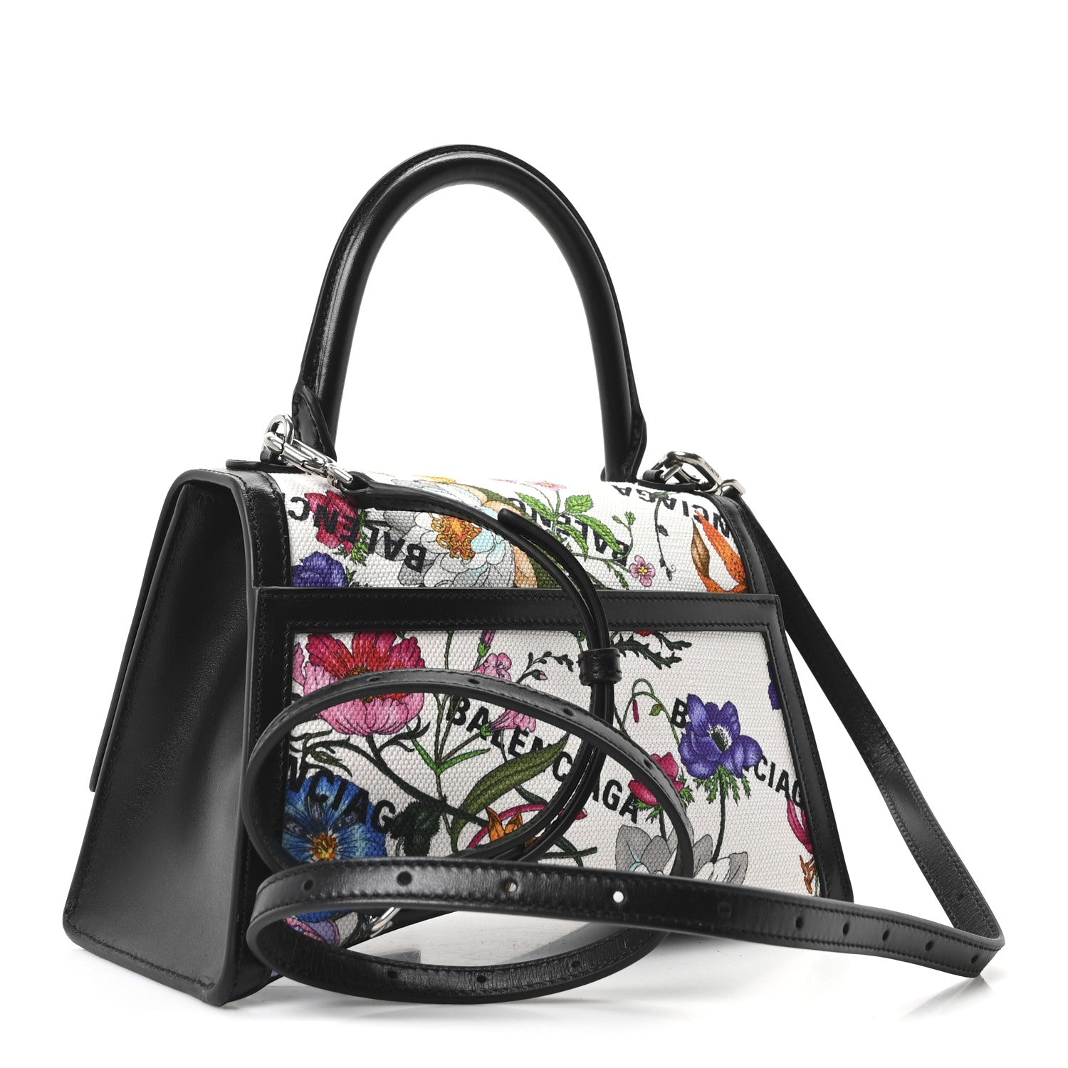 Balenciaga X GUCCI Canvas Boarded Plutone Calfskin Flora Logo Print Small Hourglass Top Handle Bag White Multicolor Black 2 of 9