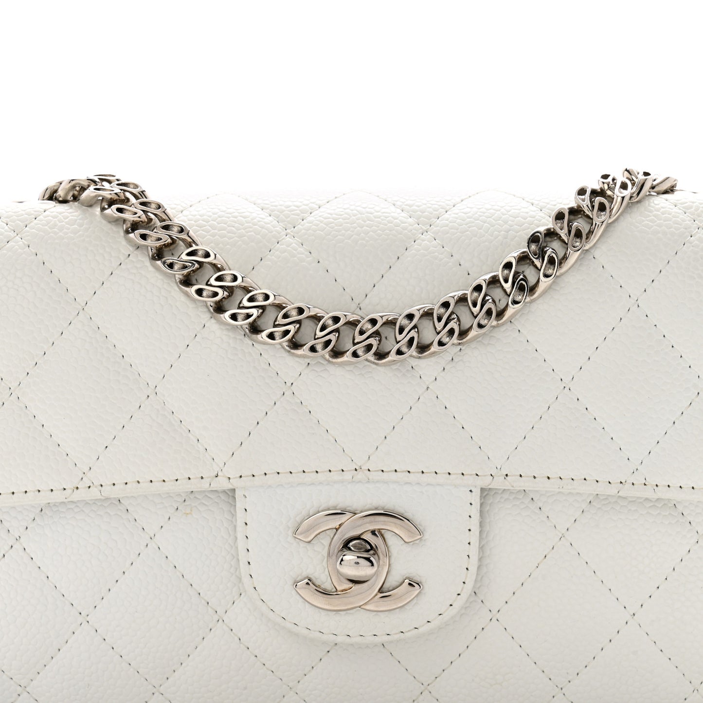 Caviar Quilted East West Flap Bijoux Chain White