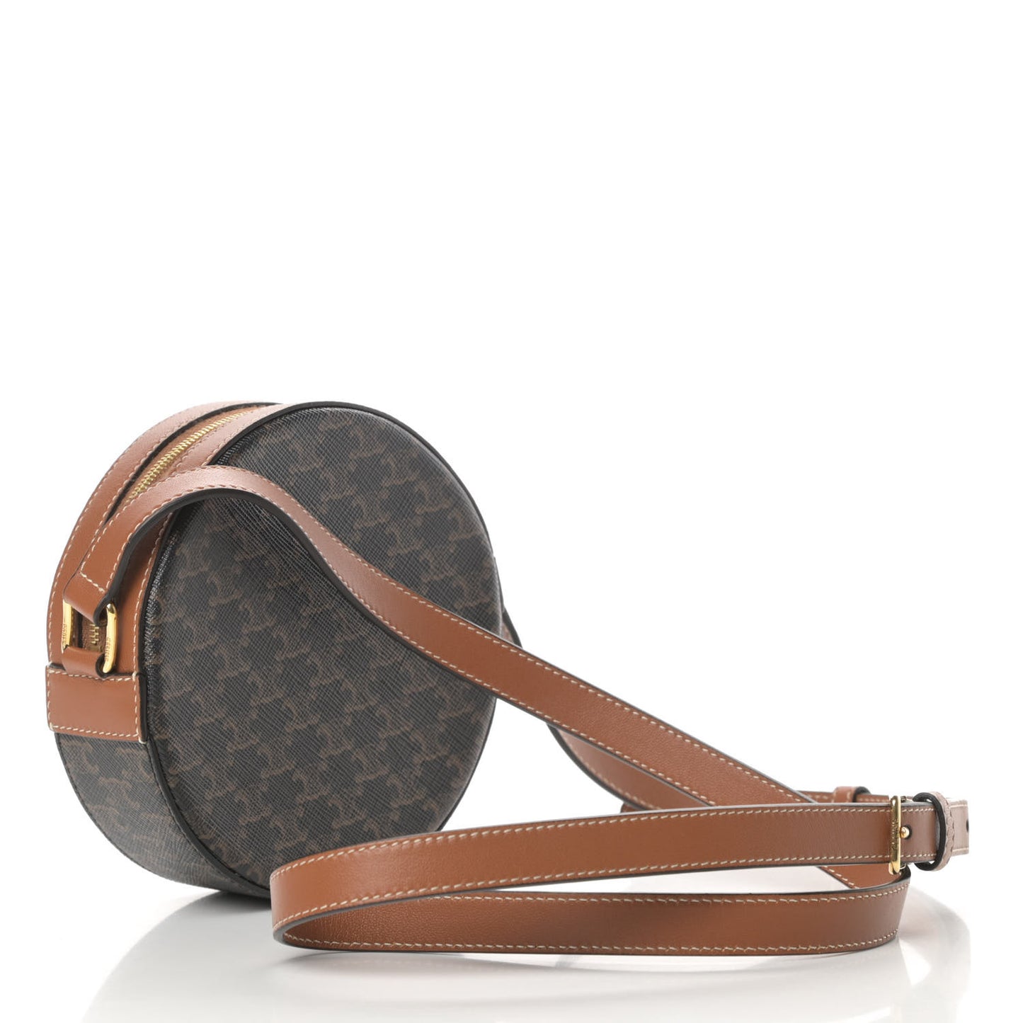 Triomphe Canvas Embroidered Logo Round Purse On Strap Black Tan