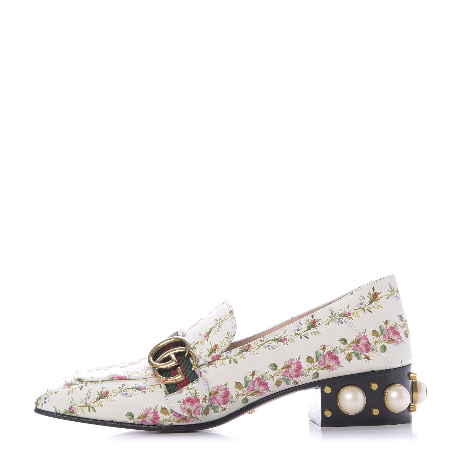 Gucci Calfskin Web Pearl Floral Embellished Peyton Loafer 39 White Multicolor 1 of 11