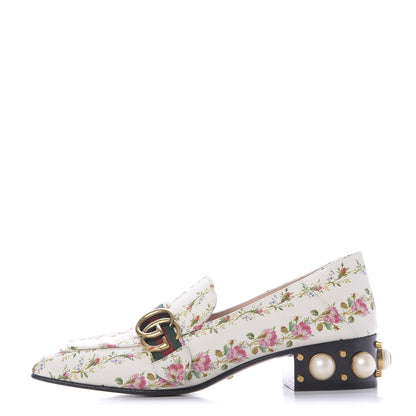 Gucci Calfskin Web Pearl Floral Embellished Peyton Loafer 39 White Multicolor 1 of 11