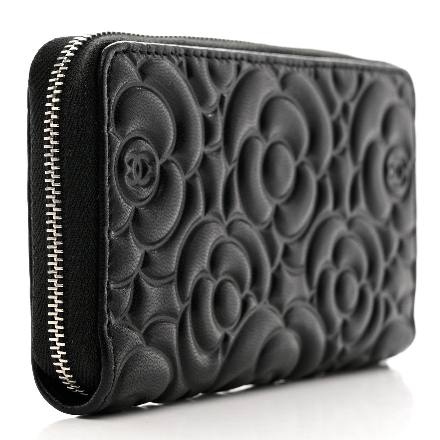 Goatskin Camellia Embossed Medium Zip Around Wallet Black
