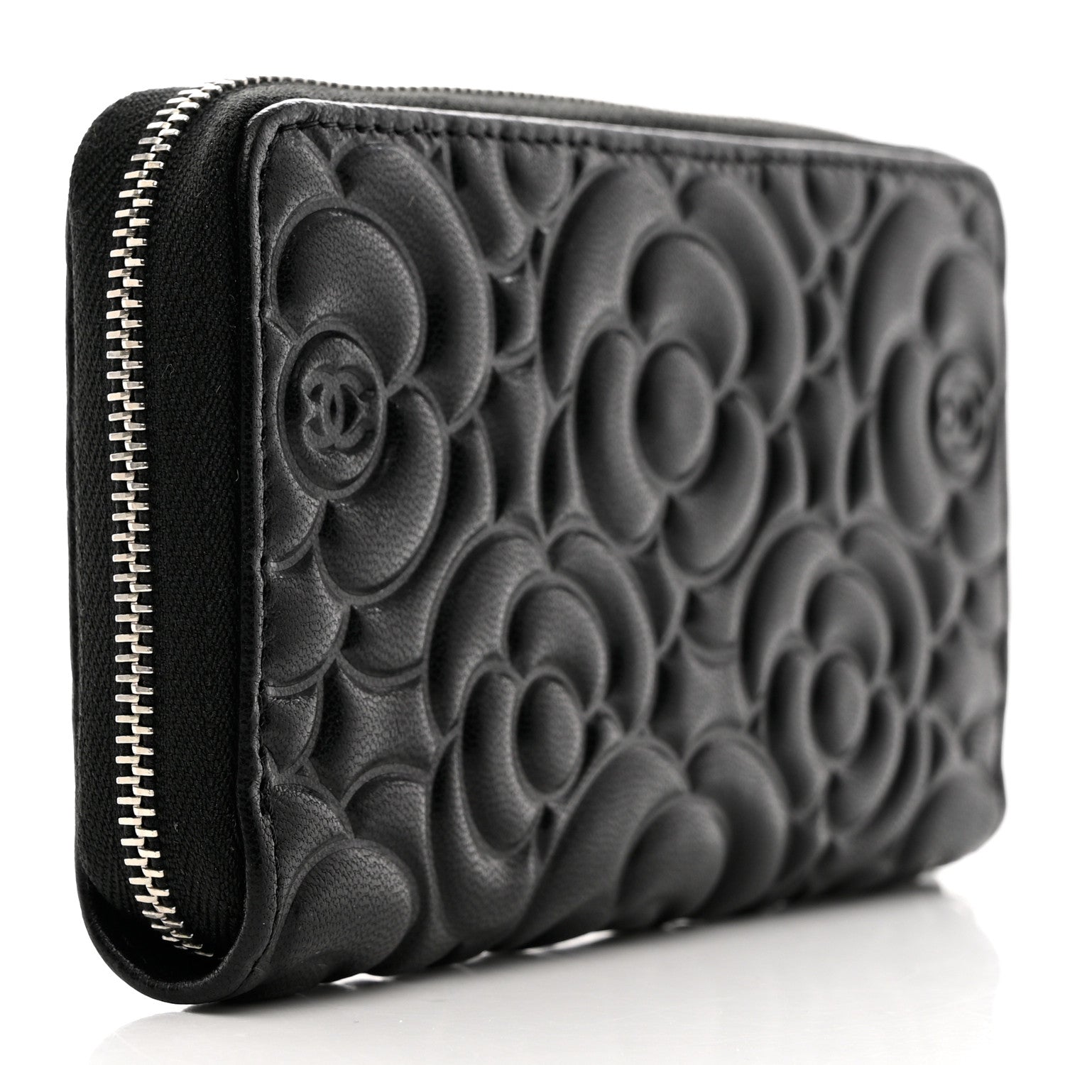 Chanel Goatskin Camellia Embossed Medium Zip Around Wallet Black 3 of 9