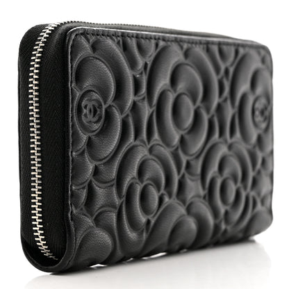 Chanel Goatskin Camellia Embossed Medium Zip Around Wallet Black 3 of 9