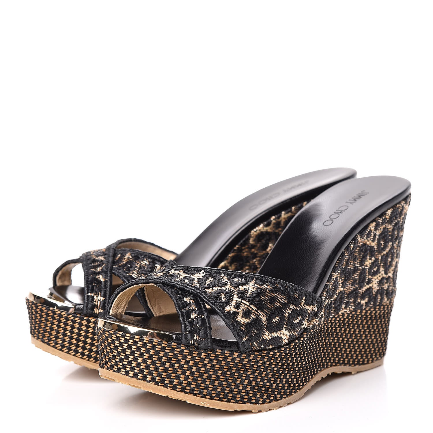 Jimmy Choo Woven Raffia Leopard Print Perfume Wedge Sandals 37.5 Black 3 of 10
