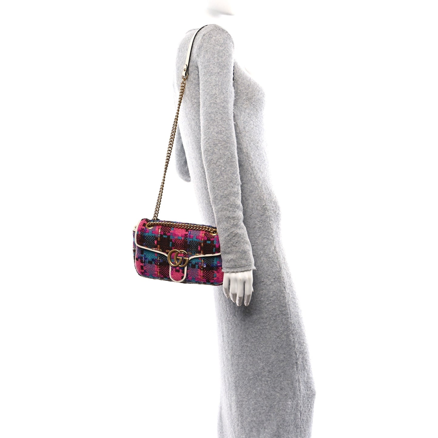 Tweed Calfskin Spicy Check Small GG Marmont Shoulder Bag Pink Multicolor Mystic White