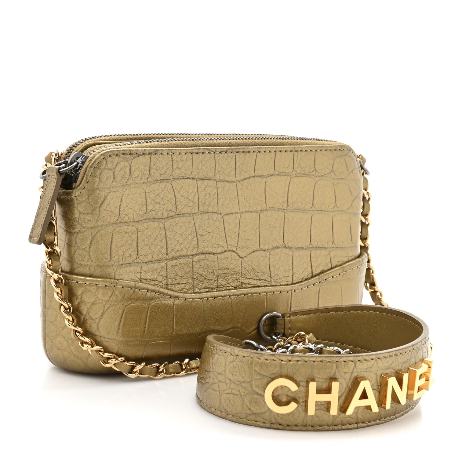 Chanel Metallic Calfskin Crocodile Embossed Small Gabrielle Clutch With Chain Gold 3 of 13