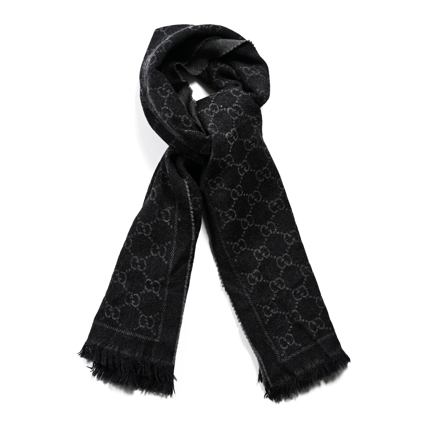 Wool Jacquard GG Monogram Sten Fringe Scarf Anthracite Black
