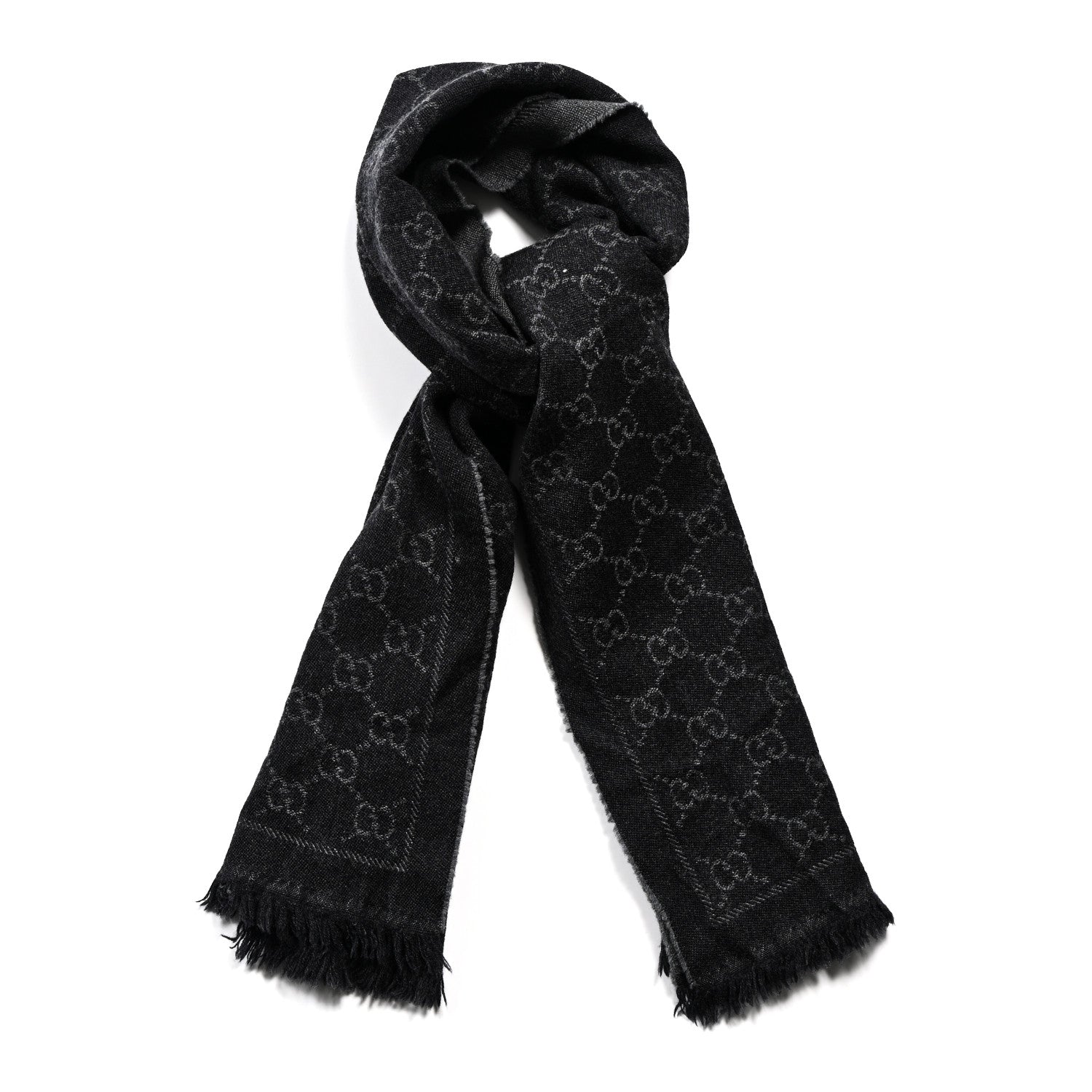 Gucci Wool Jacquard GG Monogram Sten Fringe Scarf Anthracite Black 1 of 3