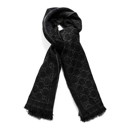 Gucci Wool Jacquard GG Monogram Sten Fringe Scarf Anthracite Black 1 of 3