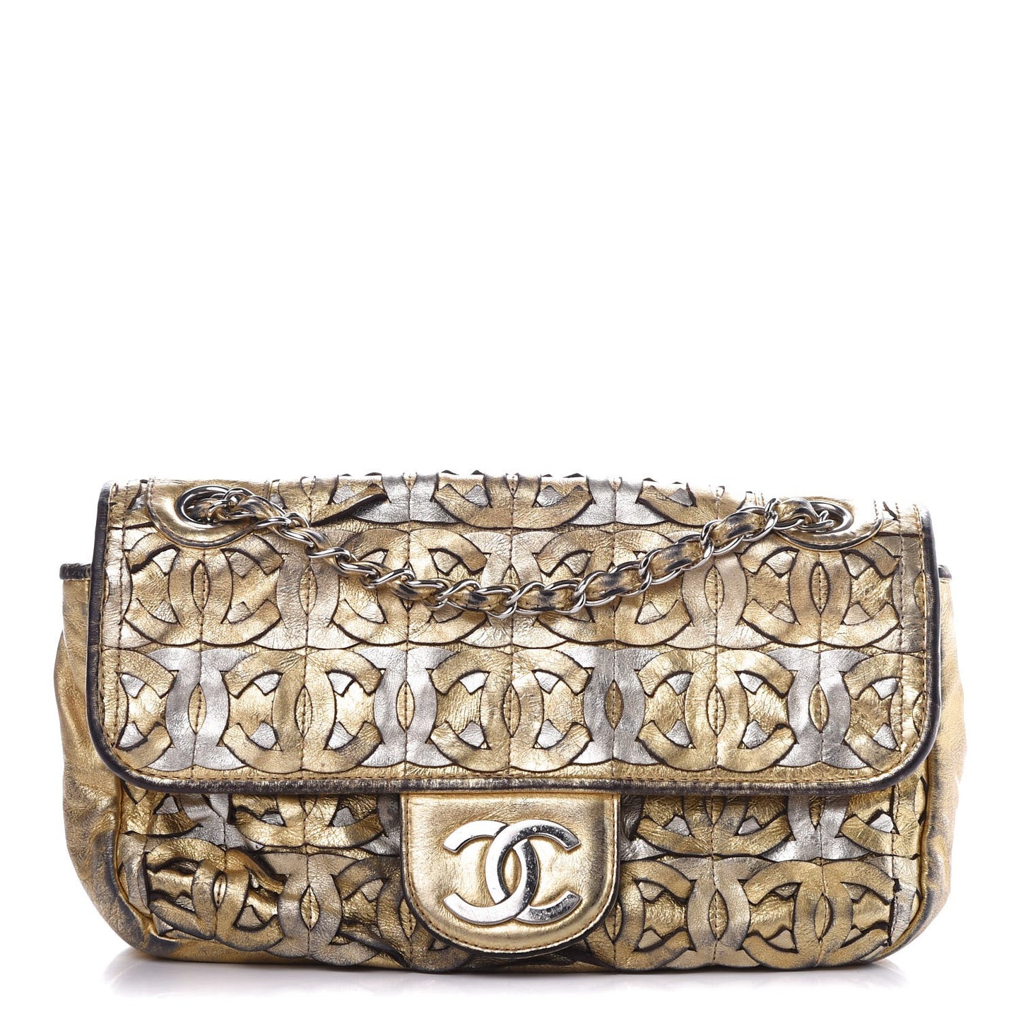 Metallic Crackled Calfskin Medium CC Mix Flap Gold Silver