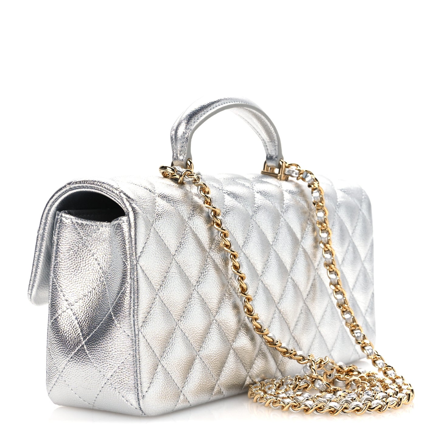 Metallic Caviar Quilted Top Handle East West Flap Silver