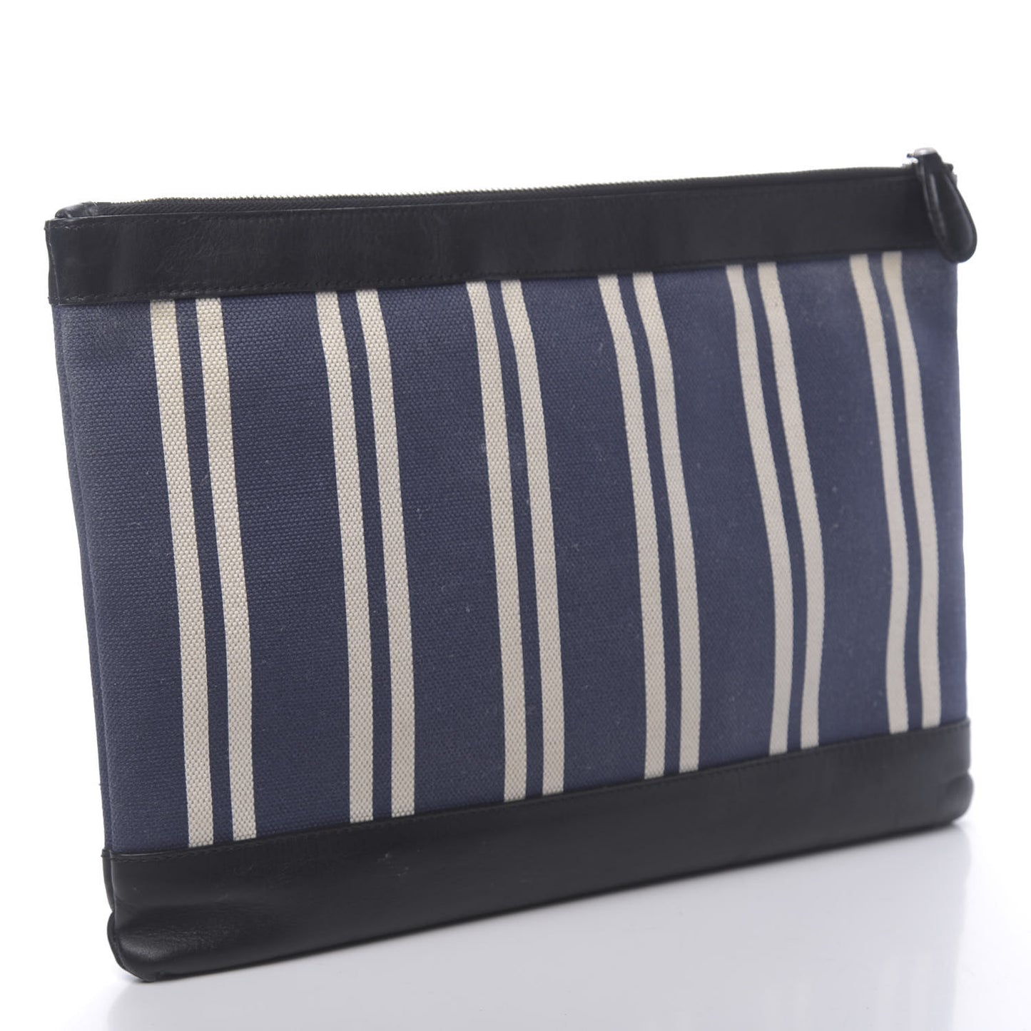 Calfskin Cotton Canvas Striped Logo Clutch Navy